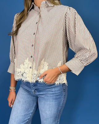 Out For Brunch Ivory & Brown Stripe Lace Hem Top