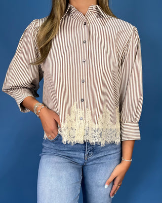 Out For Brunch Ivory & Brown Stripe Lace Hem Top