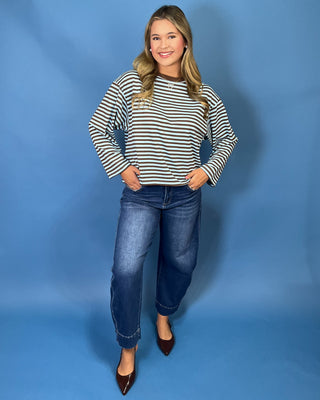 Light blue and brown striped long sleeve top with crew neckline, relaxed fit, and wide sleeves.