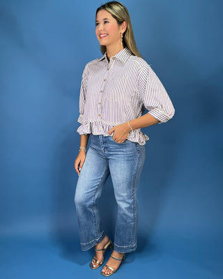 Tailgate Ready Purple Stripe Ruffle Hem Top