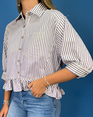 Tailgate Ready Purple Stripe Ruffle Hem Top