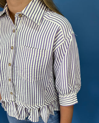 Tailgate Ready Purple Stripe Ruffle Hem Top