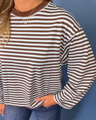 Light blue and brown striped long sleeve top with crew neckline, relaxed fit, and wide sleeves.