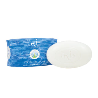 Sea mineral soap with blue packaging on a white background