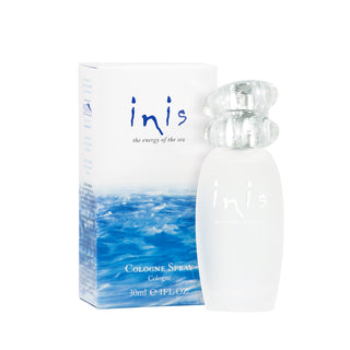 Perfume bottle and packaging of 'inis' with ocean design on a white background