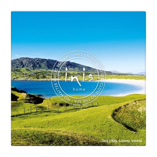 Scenic view of a lake and green fields with 'inis home' logo.