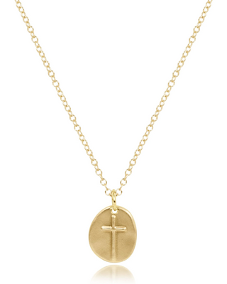 Enewton Inspire Small Gold Disc Cross Necklace featuring a textured oval gold pendant with a raised cross on a delicate 16-in