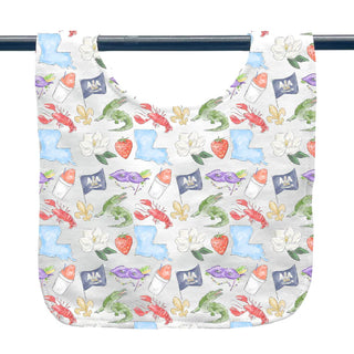 Baby bib with colorful Louisiana-themed design on a white background