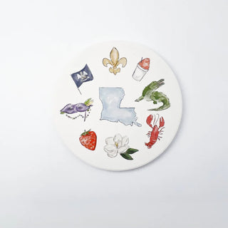 Decorative coaster with Louisiana-themed illustrations on a white background