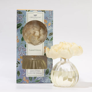 Flower diffuser with packaging featuring floral design on a white background
