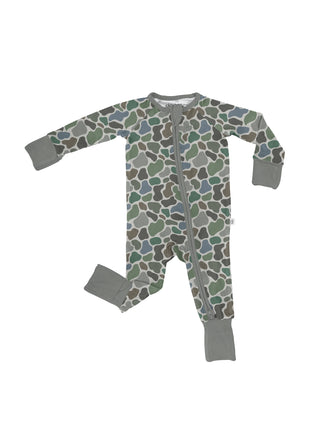 Children's onesie with camouflage pattern and gray accents on a white background