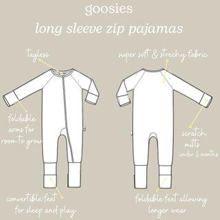 Diagram of long sleeve zip pajamas with features highlighted on a beige background