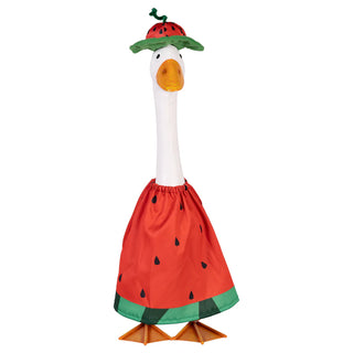 Plush toy duck wearing a watermelon costume on a white background