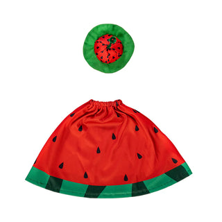 Watermelon-themed skirt and hat set on a white background
