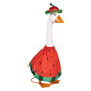 Decorative goose with watermelon-themed outfit and hat on a white background