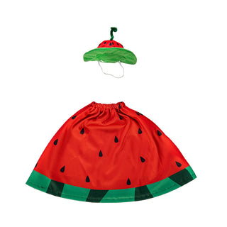 Watermelon-themed costume with red skirt, green top, and black seeds on a white background