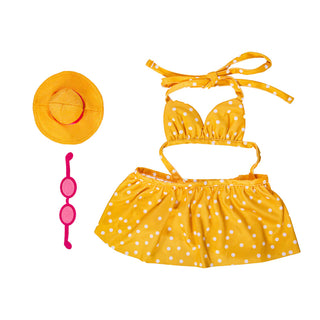 Yellow polka dot bikini set with matching hat and sunglasses on a white background