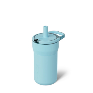 Light blue tumbler with a straw on a white background