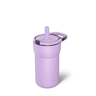 Purple tumbler with a straw on a white background