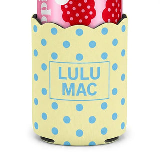 Yellow can cooler with blue polka dots and 'LULU MAC' branding on a white background