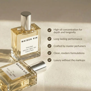 Two Maison Kin perfume bottles with features listed on a beige background