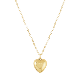 Gold heart-shaped pendant necklace on a white background