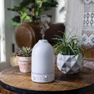 White diffuser on a wooden table with potted plants in a home setting