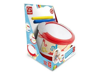 Children's drum with colorful packaging featuring Hape logo on a white background