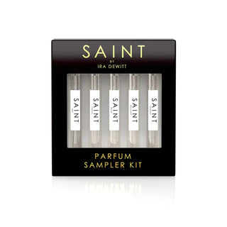 Saint by Ira DeWitt parfum sampler kit with five small bottles in a black box.