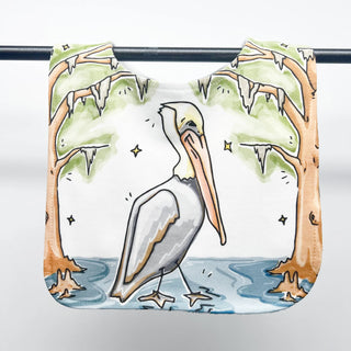 bib with a pelican design on a white background
