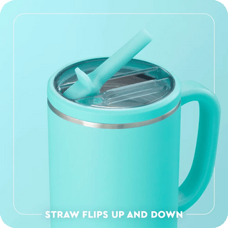 Turquoise mug with a straw on a light blue background
