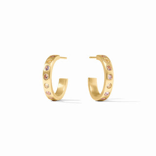 Gold hoop earrings with embedded stones on a white background