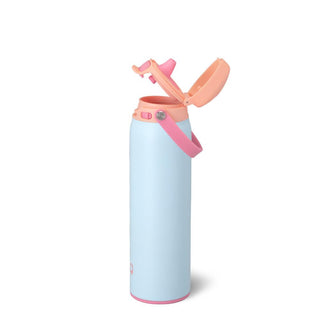 Light blue water bottle with pink accents on a white background