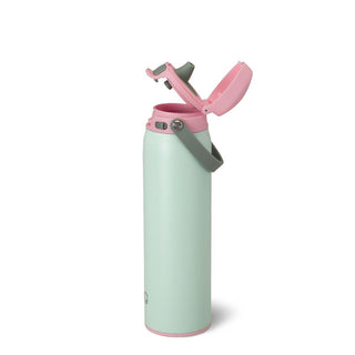 Mint green water bottle with pink lid and gray grip on a white background