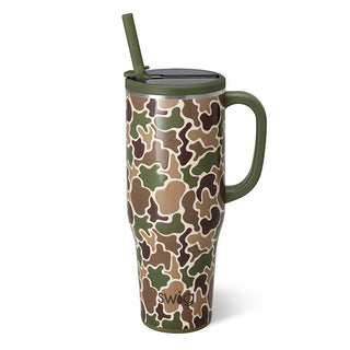 Camouflage-patterned mug with handle and straw on a white background