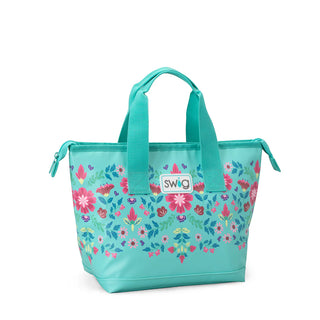 Turquoise tote bag with floral pattern and 'Swig' brand logo on a white background