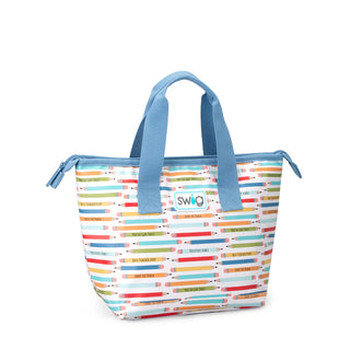 Colorful striped tote bag with blue handles on a white background