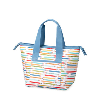 A structured tote bag with a colorful pencil print on a white background and light blue handles and trim, shown on a plain white studio background.