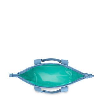An open light blue bag with a bright teal-green interior, shown from a top-down view on a solid white background.
