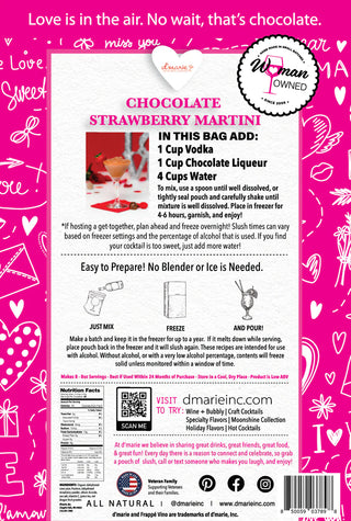 Chocolate strawberry martini mix packaging with pink border and white text