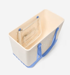 Rectangular wooden box with blue handles on a white background