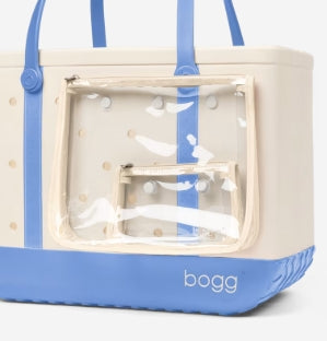 Blue and clear plastic bag with 'bogg' branding on a white background