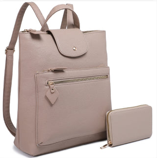 Taupe Flap Backpack Purse 2-in-1 Set