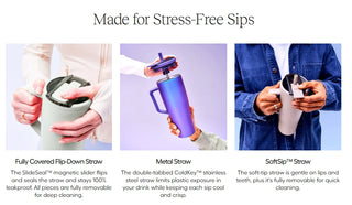 Three people holding different types of straws with text describing their features.