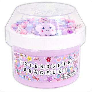 Container of colorful friendship bracelet slime with a pink label on a white background