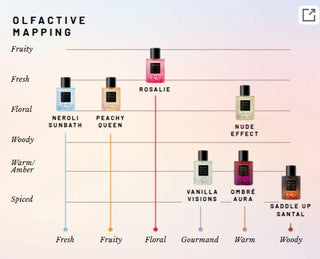 Olfactive mapping chart with perfume bottles labeled along axes for different scent categories.