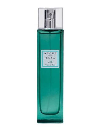 Acqua di Elba by Capri di Porto fragrance bottle in a translucent teal green glass design with a silver spray nozzle and a white label in the center.