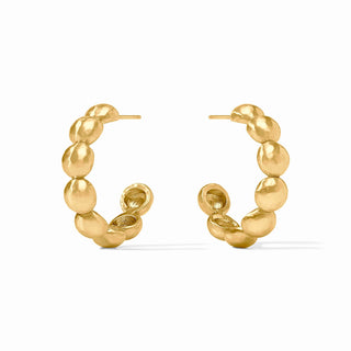 Gold hoop earrings with a textured design on a white background