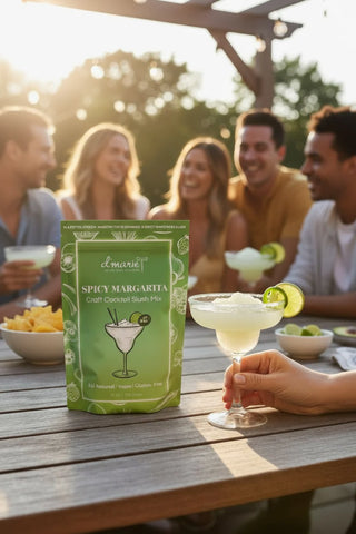 Spicy Margarita mix package on a table with people enjoying drinks in the background