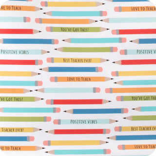 Pattern of colorful pencils with text on a white background